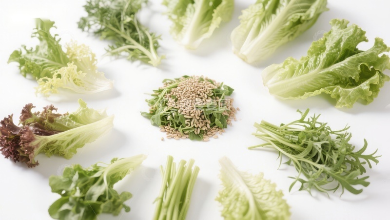 高清大图下载【趣麦麦图】多样绿叶蔬菜与种子的组合展示