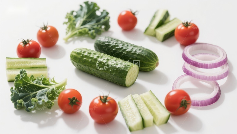 高清大图下载【趣麦麦图】新鲜蔬菜展示：黄瓜、番茄与洋葱