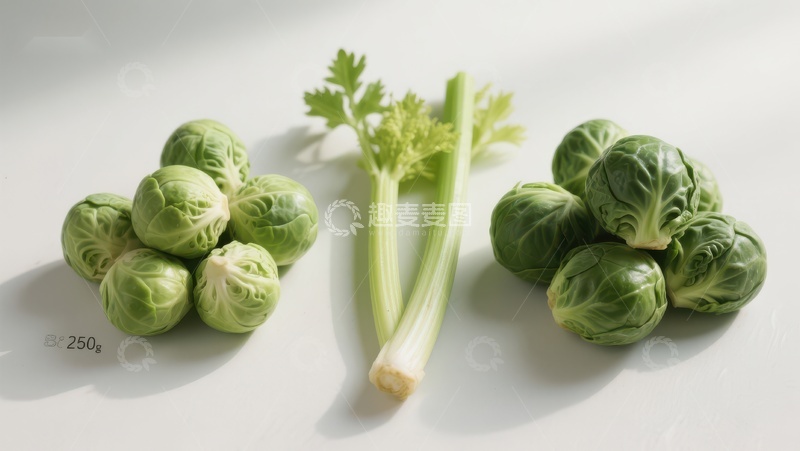 高清大图下载【趣麦麦图】新鲜蔬菜组合：西兰花、芹菜与抱子甘蓝