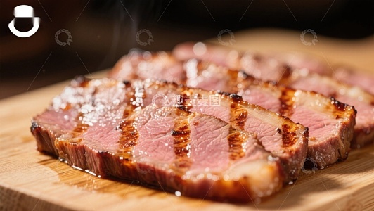 烤牛肉片，热气腾腾，摆放在木板上