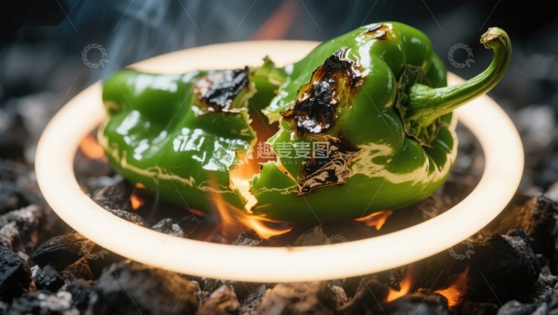 高清大图下载【趣麦麦图】烤制青椒，火焰中的美味