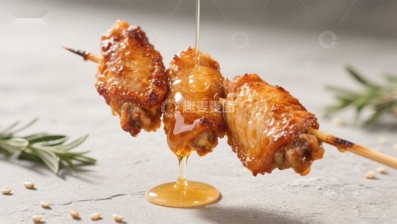 高清大图下载【趣麦麦图】蜂蜜浇灌的烤鸡翅特写