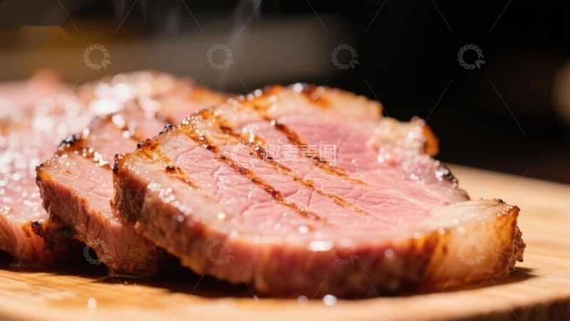 高清大图下载【趣麦麦图】煎制牛排切片，热气腾腾