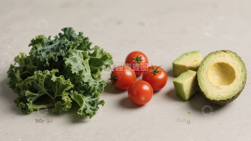 高清大图下载【趣麦麦图】新鲜蔬菜组合：羽衣甘蓝、樱桃番茄和牛油果