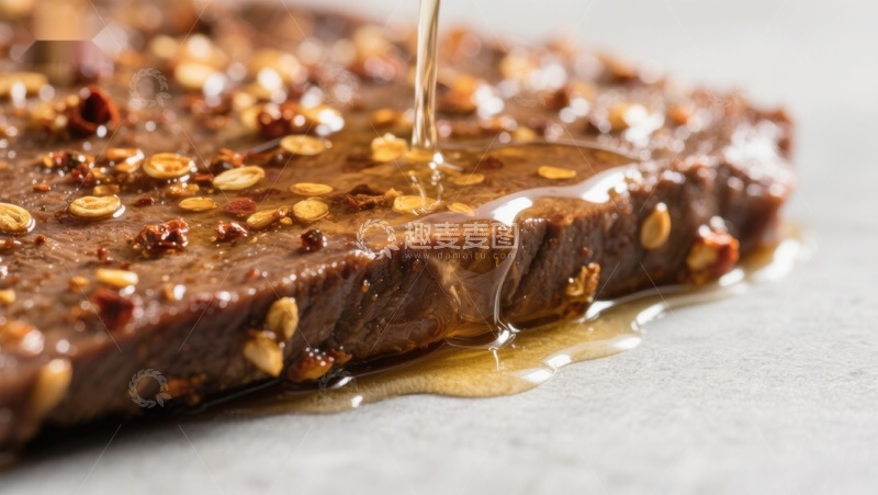高清大图下载【趣麦麦图】蜂蜜淋洒在坚果巧克力上的特写
