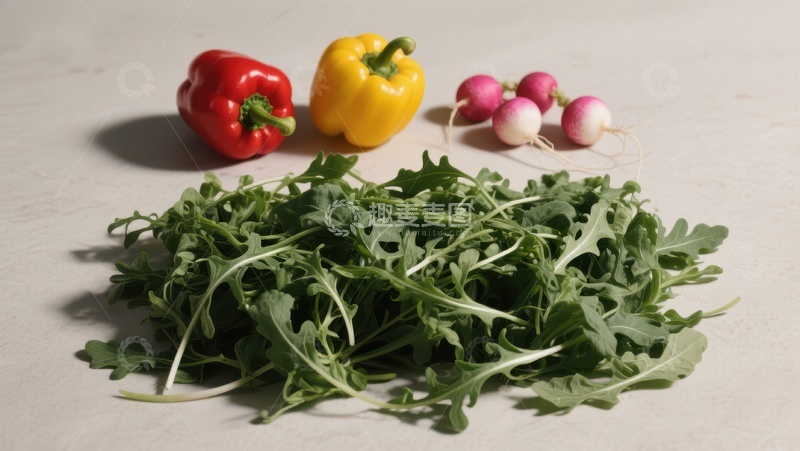 高清大图下载【趣麦麦图】新鲜蔬菜组合：芝麻菜、甜椒与樱桃萝卜