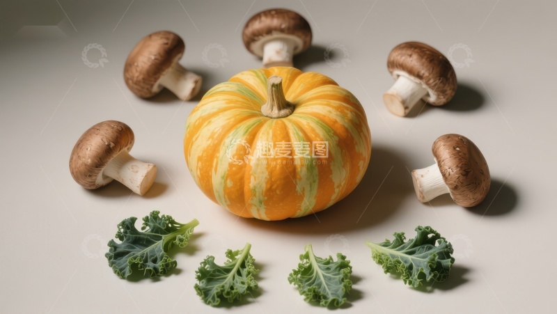 高清大图下载【趣麦麦图】南瓜、蘑菇与羽衣甘蓝的静物组合