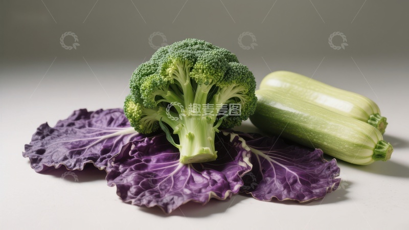 高清大图下载【趣麦麦图】新鲜蔬菜组合：西兰花、紫甘蓝与青瓜