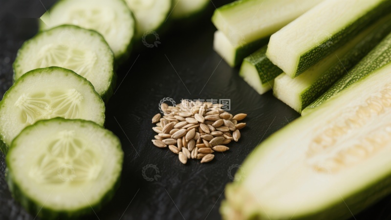 高清大图下载【趣麦麦图】切片黄瓜与种子的静物展示