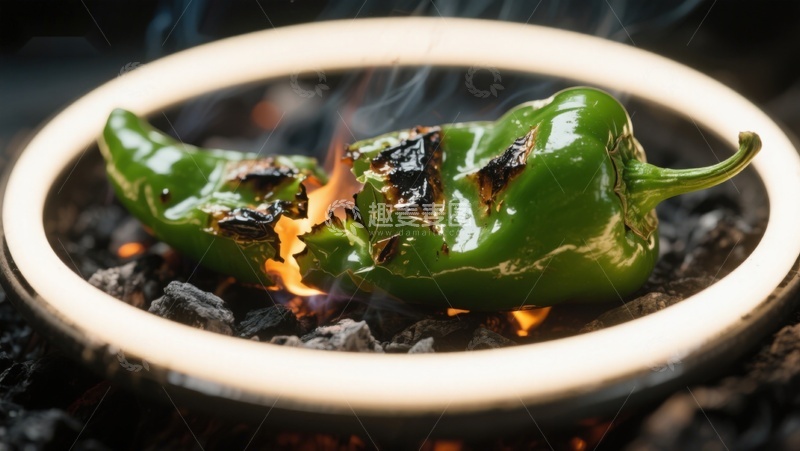 高清大图下载【趣麦麦图】烤制青椒，火焰中散发香气