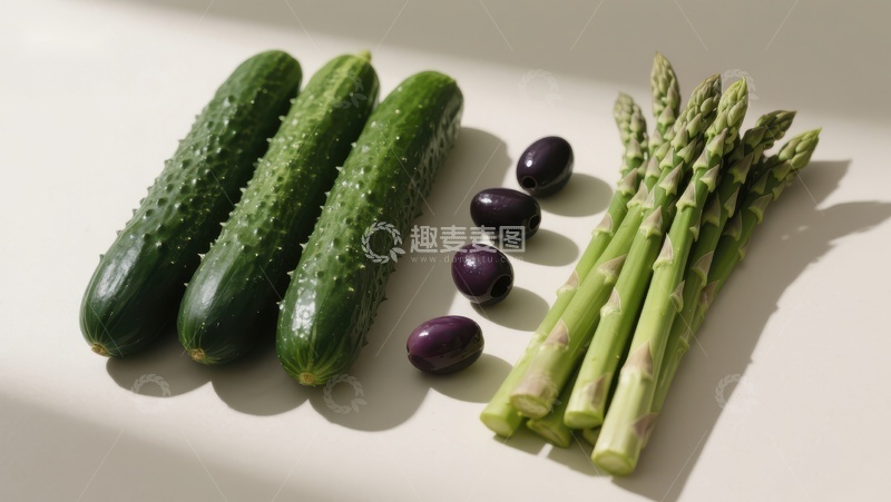 高清大图下载【趣麦麦图】新鲜黄瓜、橄榄与芦笋的静物组合