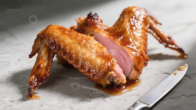 烤鸡翅特写，酱汁浓郁