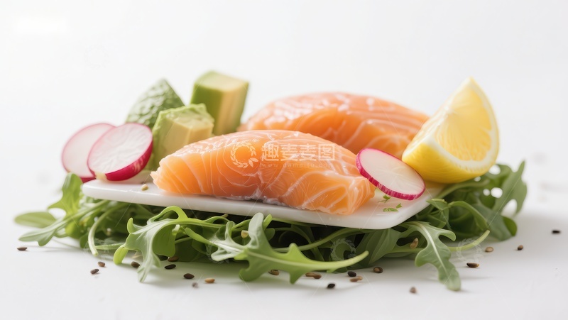 高清大图下载【趣麦麦图】新鲜三文鱼配柠檬和芝麻菜