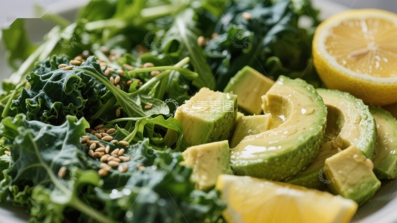 高清大图下载【趣麦麦图】新鲜绿叶沙拉配牛油果和柠檬