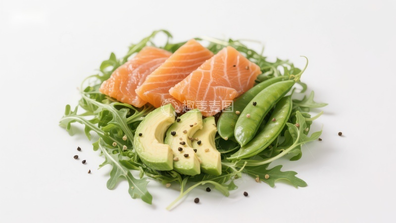 高清大图下载【趣麦麦图】三文鱼配牛油果和豌豆的沙拉