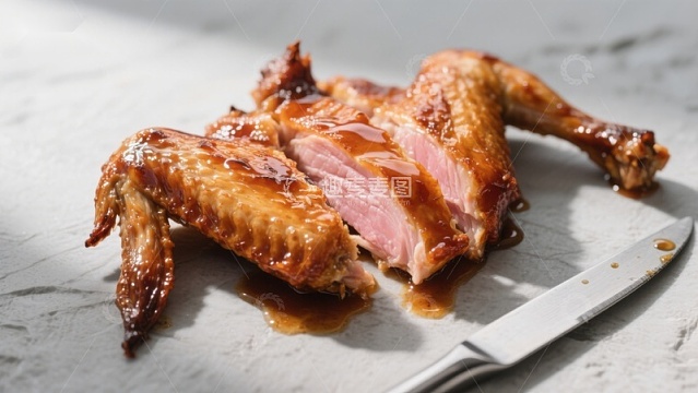 烤鸭翅特写，刀具旁的美味佳肴