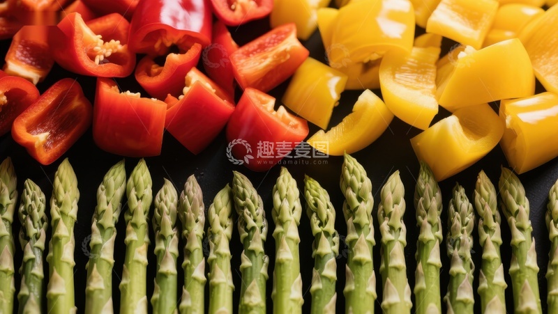 高清大图下载【趣麦麦图】色彩鲜艳的切片辣椒与整齐排列的芦笋