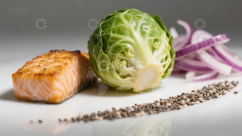 高清大图下载【趣麦麦图】烤三文鱼配抱子甘蓝和洋葱