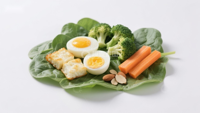 高清大图下载【趣麦麦图】健康轻食：蔬菜搭配鸡蛋与坚果