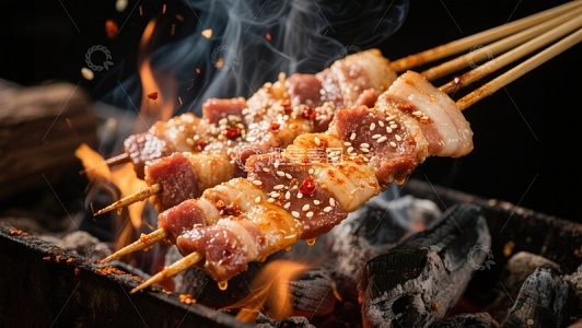 烤肉串在炭火上滋滋作响