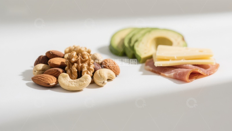 高清大图下载【趣麦麦图】坚果、牛油果、奶酪与火腿的组合