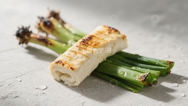 烤制鱼卷配烧焦葱段