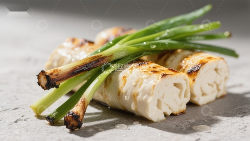 高清大图下载【趣麦麦图】烤鱼卷配青葱特写
