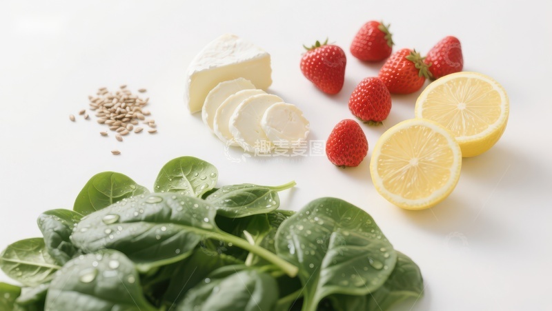 高清大图下载【趣麦麦图】新鲜食材组合：菠菜、草莓、柠檬与奶酪