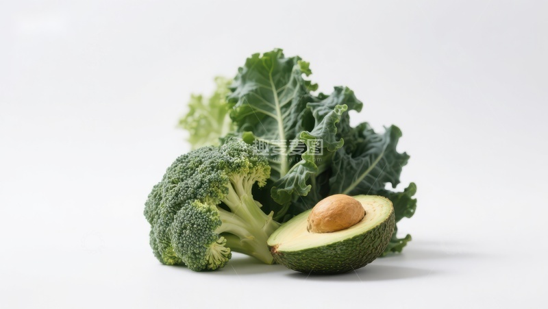 高清大图下载【趣麦麦图】新鲜蔬菜组合：西兰花、羽衣甘蓝与牛油果