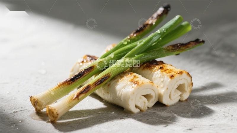高清大图下载【趣麦麦图】烤葱搭配卷状食材特写
