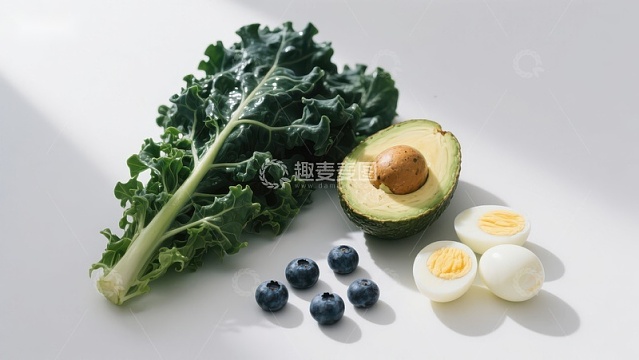 健康食材组合：羽衣甘蓝、牛油果、蓝莓与鸡蛋