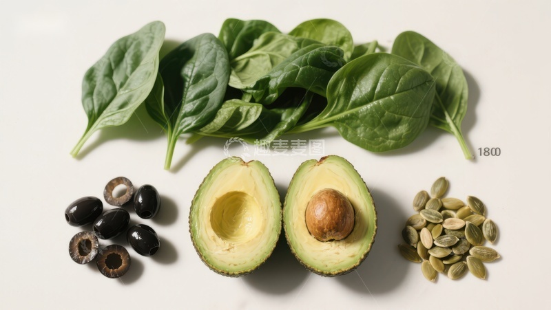 高清大图下载【趣麦麦图】健康食材组合：牛油果、菠菜、橄榄和南瓜籽