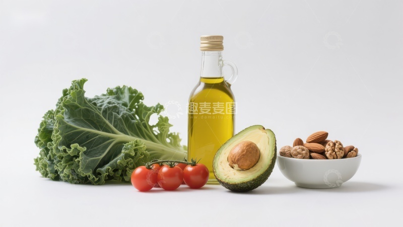 高清大图下载【趣麦麦图】健康食材组合：橄榄油、牛油果与坚果