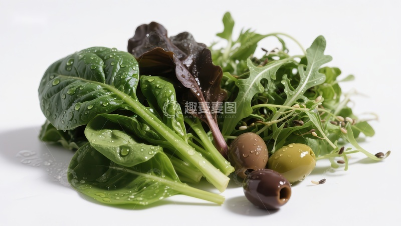 高清大图下载【趣麦麦图】新鲜绿叶蔬菜与橄榄