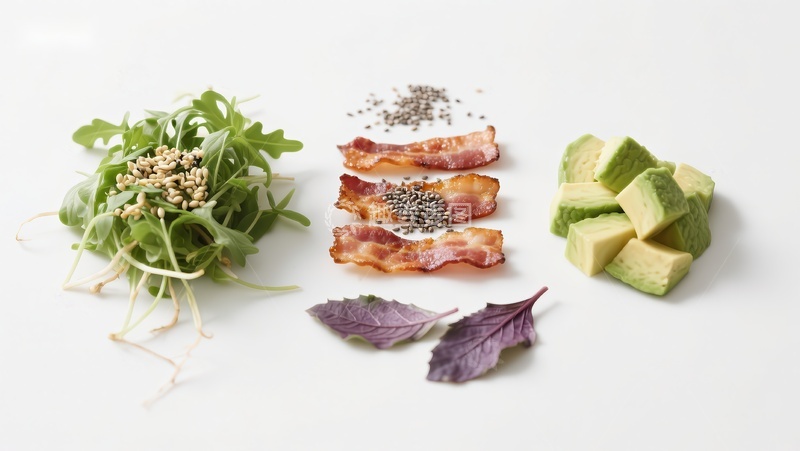 高清大图下载【趣麦麦图】新鲜食材组合：生菜、培根、牛油果与香草