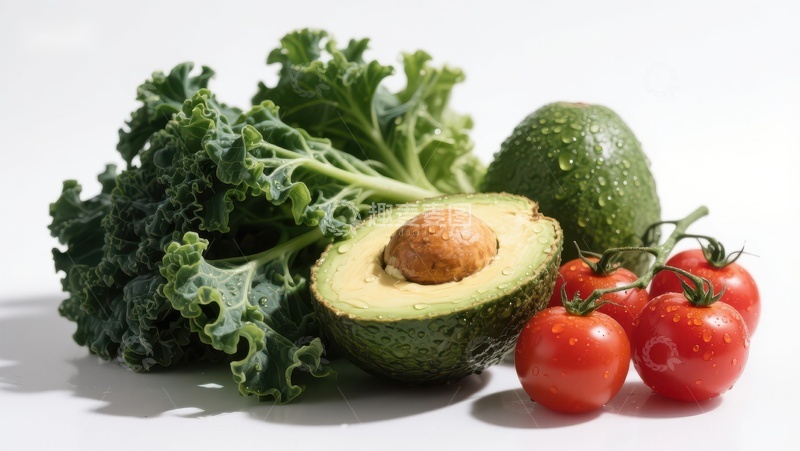 高清大图下载【趣麦麦图】新鲜蔬菜组合：羽衣甘蓝、牛油果与樱桃番茄