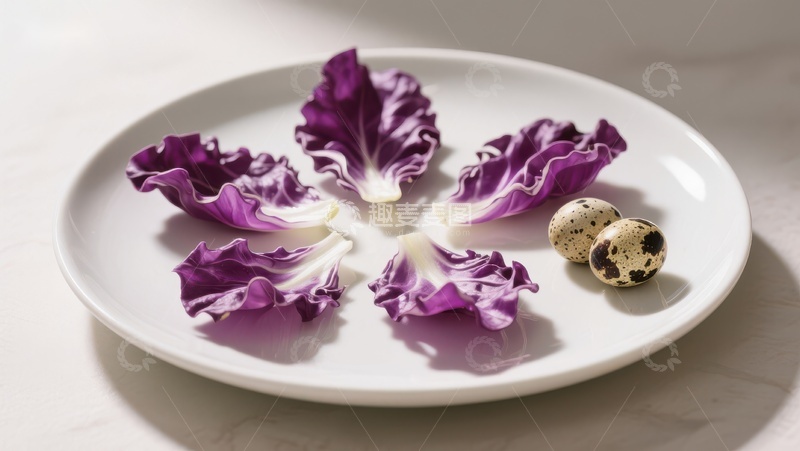 高清大图下载【趣麦麦图】紫甘蓝花瓣与鹌鹑蛋的静物组合
