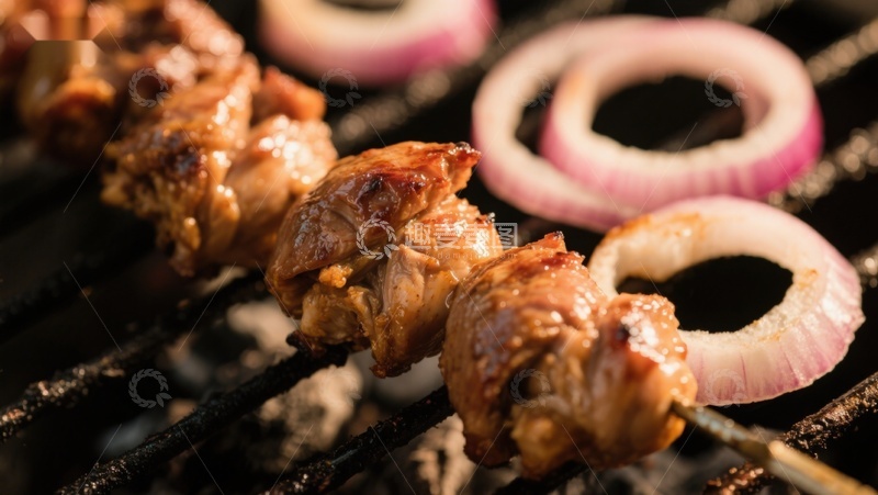 高清大图下载【趣麦麦图】烤肉串与洋葱圈在烧烤架上