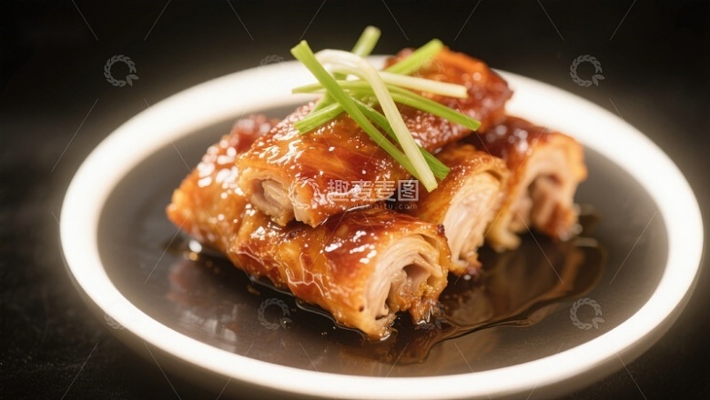 酱汁淋肉配葱丝美食特写