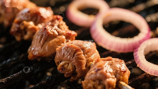 烤肉串与洋葱圈在烧烤架上