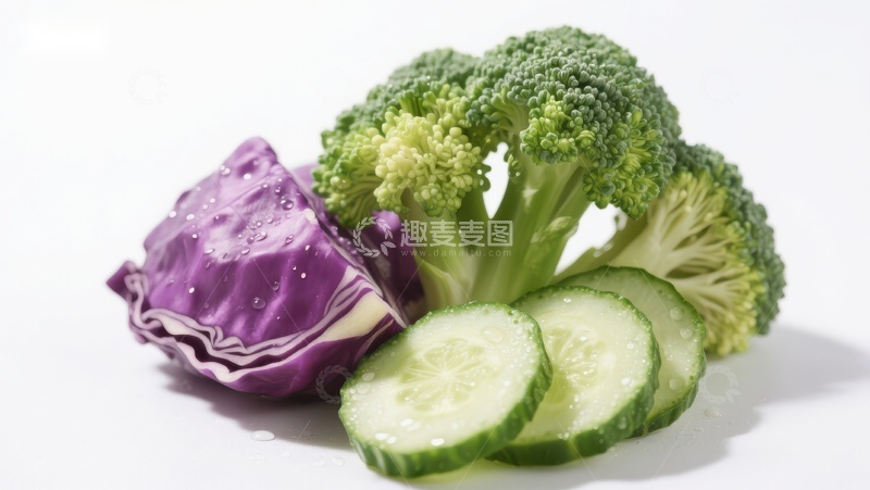 高清大图下载【趣麦麦图】新鲜蔬菜组合：西兰花、紫甘蓝和黄瓜