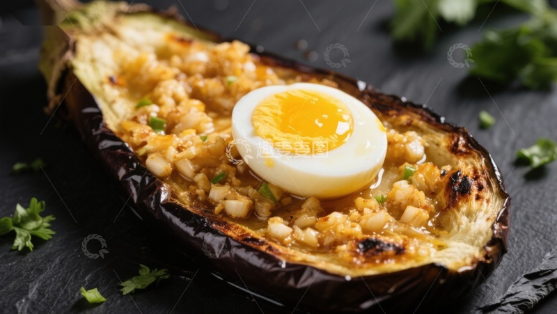 高清大图下载【趣麦麦图】烤茄子配鸡蛋和蒜蓉
