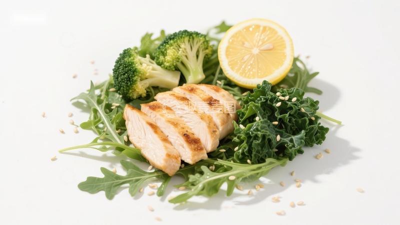 高清大图下载【趣麦麦图】烤鸡胸配西兰花和芝麻叶沙拉