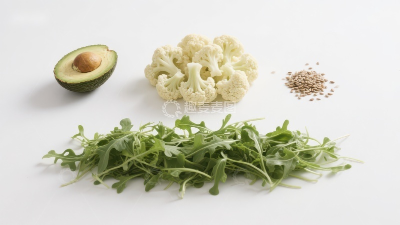 高清大图下载【趣麦麦图】新鲜蔬菜组合：牛油果、花椰菜、芝麻菜和亚麻籽