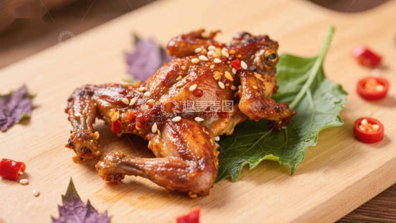 高清大图下载【趣麦麦图】香辣烤鸡翅配绿叶装饰