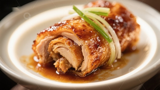 美味烤鸡，配以葱丝点缀