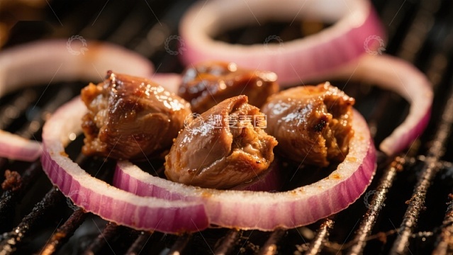 烤肉与洋葱圈在烧烤架上