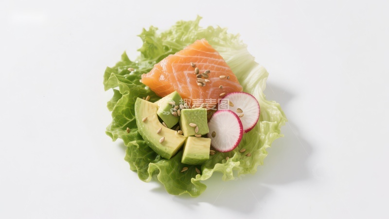 高清大图下载【趣麦麦图】三文鱼配牛油果和萝卜片的生菜沙拉