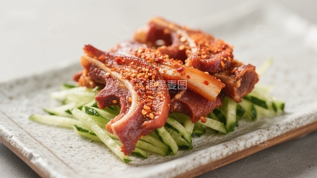 辣味腌制肉片配黄瓜丝