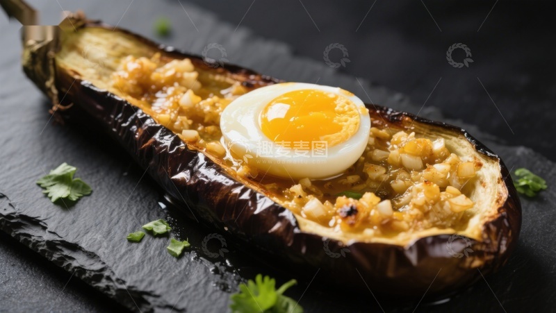 高清大图下载【趣麦麦图】烤茄子配煎蛋与蒜蓉